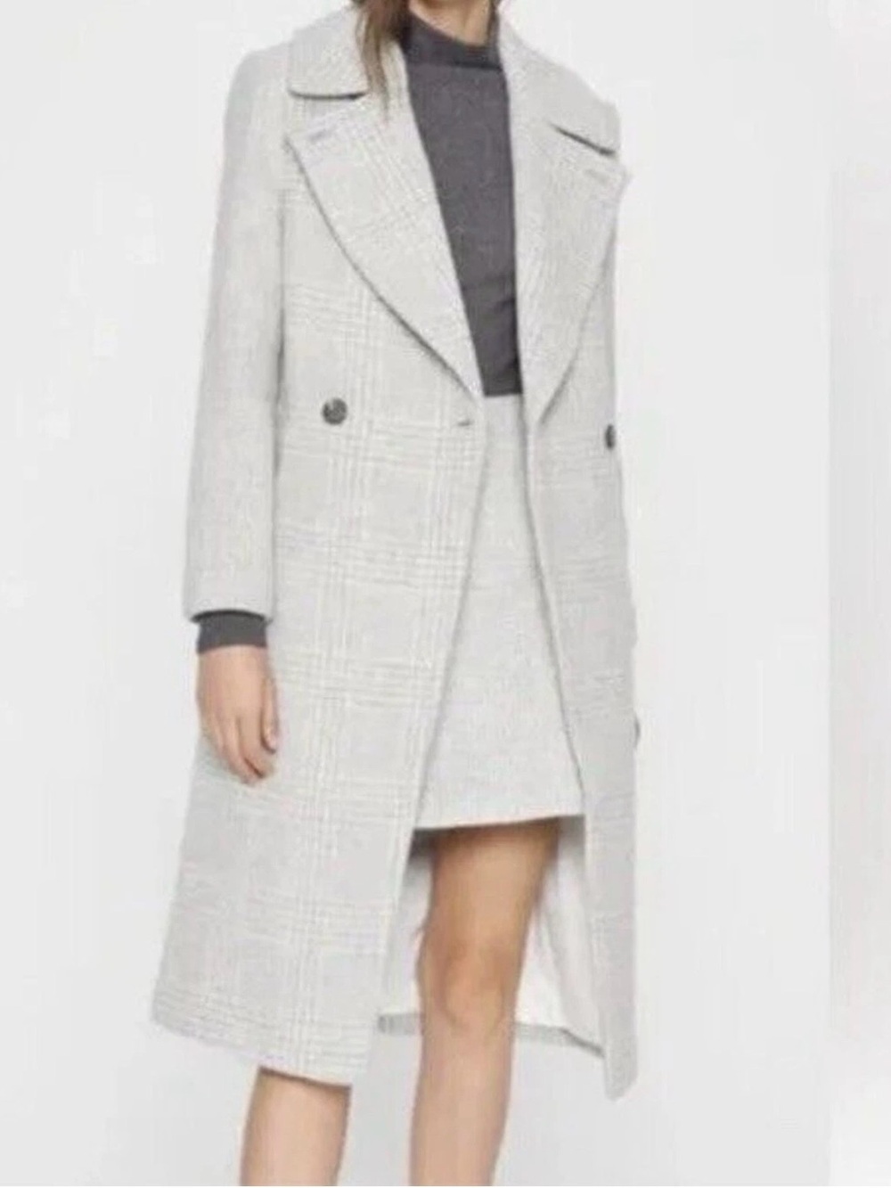 Club Monaco Gray Plaid Double-Breasted Daylina wool Coat